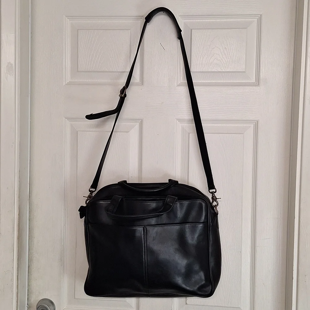 Eddie Bauer VTG Leather School Messenger Utility Briefcase Black Shoulder Bag